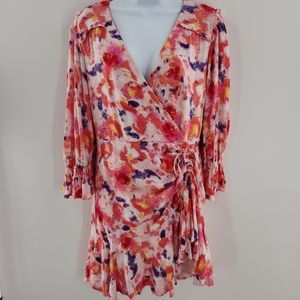 Betsey Johnson Sunset Floral Faux Wrap Clinched Hip Dress Womens Size 8